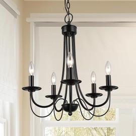 GEPOW Black Farmhouse Chandelier Rustic Pendant Lighting, Small 5-Light Fixture with 2-Layer Arms for Dining Room, Bedroom, Living Room and Foyer