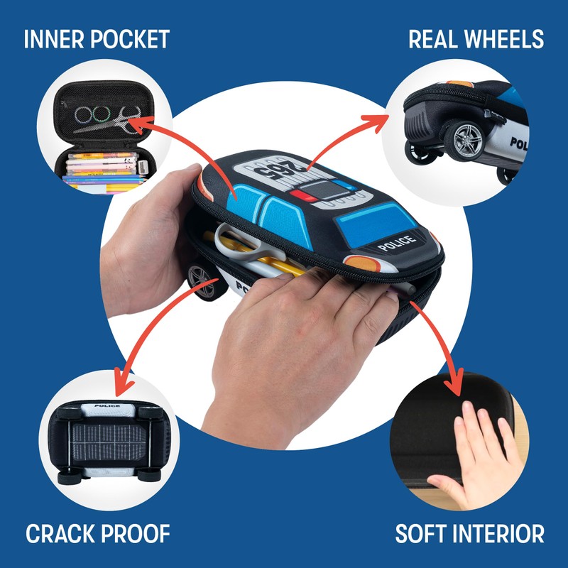 ZIPIT Police Car Pencil Case for Boys | Large Capacity