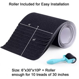 Leyibo 6" x 30" Anti Slip Traction Treads Tape with Roller (10-Pack), Pre-Cut Grip Tape for Stair Steps Outdoor, Waterproof Black Non Slip Stair Treads for Floor Safety, Easy to Install