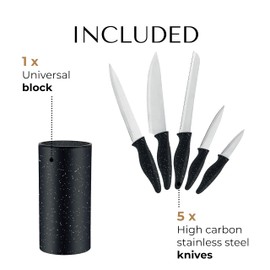 JS Gourmet 5 Piece Knife Set with Black Granite Texture Universal Storage Block for Kitchen, Stainless Steel Blades, Ergonomic Handles, with Chef's, Bread, Slicing, Utility and Paring Knives