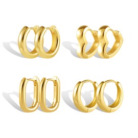 Gold Ohrringe Kleine Creolen Set Damen, Kleine Klobige Creolen Set 4 Paar Hypoallergene Sterling Silber Ohrringe Kleine Herz Ohrringe Dicke Huggie Creolen Ohrringe Set für Damen und Mädchen