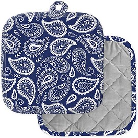 [Pack of 2] Pot Holders for Kitchen, Washable Heat Resistant Pot Holders, Hot Pads, Trivet for Cooking and Baking (Paisley Blue White)