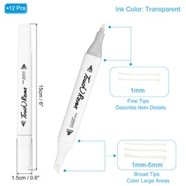 PATIKIL Dual Tip Alcohol Art Markers, 12 Pcs White Barrel Alcohol Markers with Brush Tip and Fine Tip for Illustration Artist Adult Coloring Drawing Permanent Sketching, Transparent
