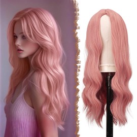 FESHFEN Long Wavy Pink Wigs for Women, 22 Inch Middle Parting Natural Looking Synthetic Hair Fashion Curly Wig for Party Cosplay Daily Use