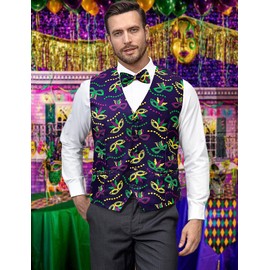 LINOCOUTON Mardi Gras Vest for Men Purple Green Gold Beads Mask Outfit Waistcoat with Bow Tie, Beaded Mask, X-Large