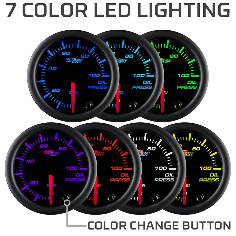 GlowShift Black 7 Color 100 PSI Oil Pressure Gauge Kit
