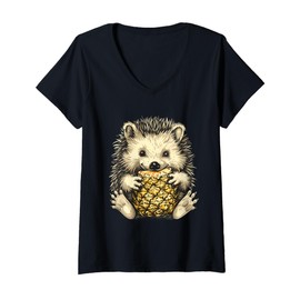 Womens Pineapple Hedgehog Animal Print Drawing Pineapple Fruit V-Neck T-Shirt