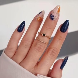 Deep Blue Press on Nails Medium Almond Fake Nails Glossy Glue on Nails with Flower Design Acrylic Nails Stiletto Artificial Nails Cute Flower Stick on False Nails for Women's Nail Decoration 24Pcs