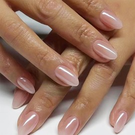 Aurora Press on Nails Short Almond Fake Nails Ice-Transparent Acrylic False Nails Glossy Nude Color Full Cover Reusable Artificial Nails for Women Girls Manicure Decorations 24Pcs