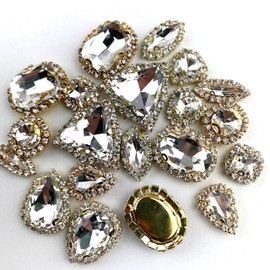 Heyiwell 20PC Mixed Shape High Grade Sew on Glass Rhinestone with Gold Claw Flatback Crystals Buckle for Wedding Dress,DIY Crafts,Clothing Accessories,White