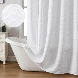 Chyhomenyc Chevron Extra Long White Boho Shower Curtain Set 72x96 inches, Modern Fabric Shower Curtain Farmhouse Chic Textured Tufted Chevron Striped Minimalist Hotel Shower Curtain for Bathroom