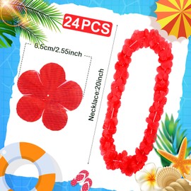 24 Counts Hawaiian Leis Necklace Tropical Flower Lei Floral Luau Party Decorations Hawaiian Flower Luau Necklaces Hula Dance Garland Headbands for Beach Birthday Wedding Party(Red)
