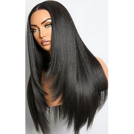 Glueless Synthetic Lace Front Wig,13x6 Lace Wig Pre-Plucked Hailrine with Babyhair, Yaki Straight Natural Black Wigs For Black Women 26 inch Ready to Wear Wigs Beginner Friendly (Natural Black)