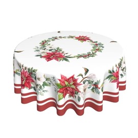 Sunshineyan Poinsettia Christmas Round Tablecloth 70 Inch, White and Red Christmas Tablecloths Stain Resistance Polyester Winter Table Cloth for Holiday Parties Kitchen Dining Indoor Outdoor