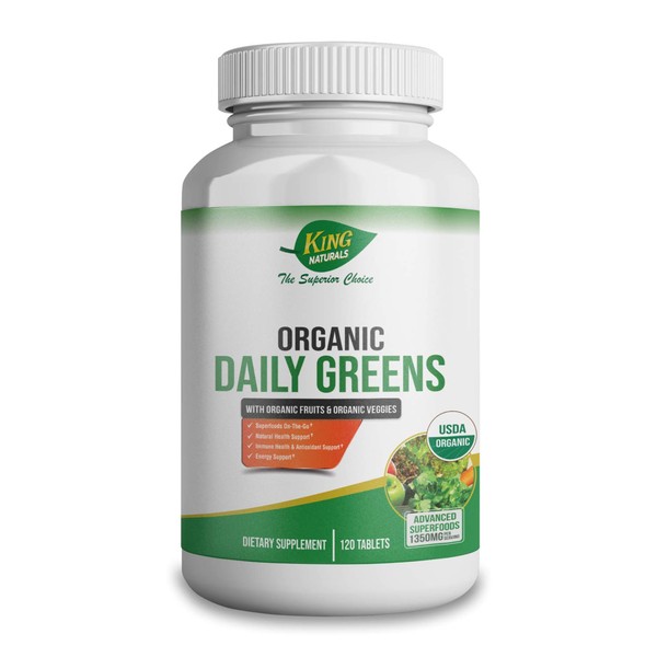 King Naturals Organic Daily Greens with Organic Fruits & Organic Veggies - USDA Certified, Non-GMO, Vegan, Tablets. Superfoods On-The-Go. Immune Health, Antioxidant, Natural Health, Energy Support