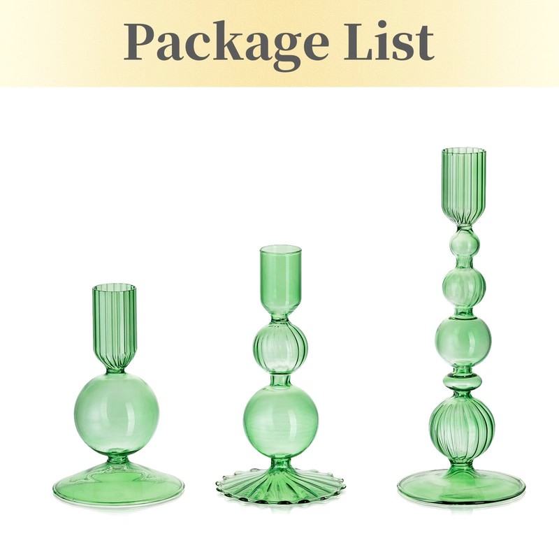 Hewory Glass Candlestick Holders Set: 3PCS Green Candle Holder Taper