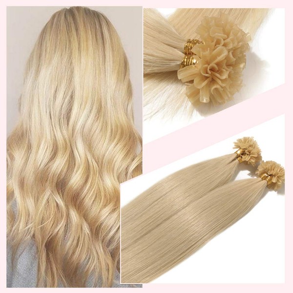 Elailite U-Tip Real Hair Bonding Extensions Keratin Hair Extensions Hair Straight 200 Strands 100 g 24 Inches / 60 cm - 2 Sets #613 Light Blonde