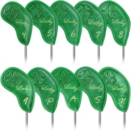 Golf Iron Club Head Covers Magnetic 10pcs 4-9,P,A,S,X Right Hand Green PU Leather Clover
