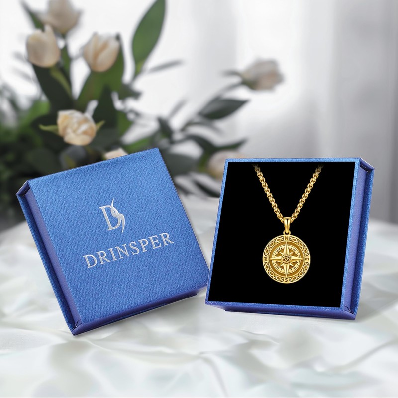 DRINSPER Celtic Compass Necklace for Women Men, Travel Protection Pendant
