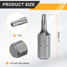 HARFINGTON 10pcs T10 Torx Screwdriver Bit 1/4" Hex Shank 25mm/1" Length S2 Steel Star 6 Point Head Hex Security Screw Driver Bits with Hole for Impact Electric Screw Driver Power Tools, Grey