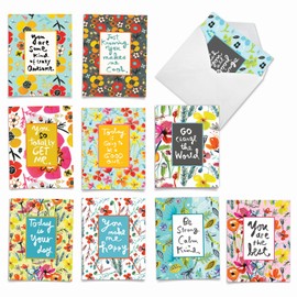 The Best Card Company - 10 Assorted Blank All Occasions Notecards Box Set 4 x 5.12 Inch w/Envelopes Colorful Watercolor, Flowers for Women (10 Designs, 1 Each) - Words For Friends M6482OCB