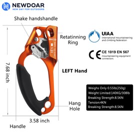 NewDoar Left&Right Hand Ascender Rock Climbing Tree Arborist Rappelling Gear Equipment CE Certified Rope Clamp for 8~12MM Rope(Orange Left&Blue Right)