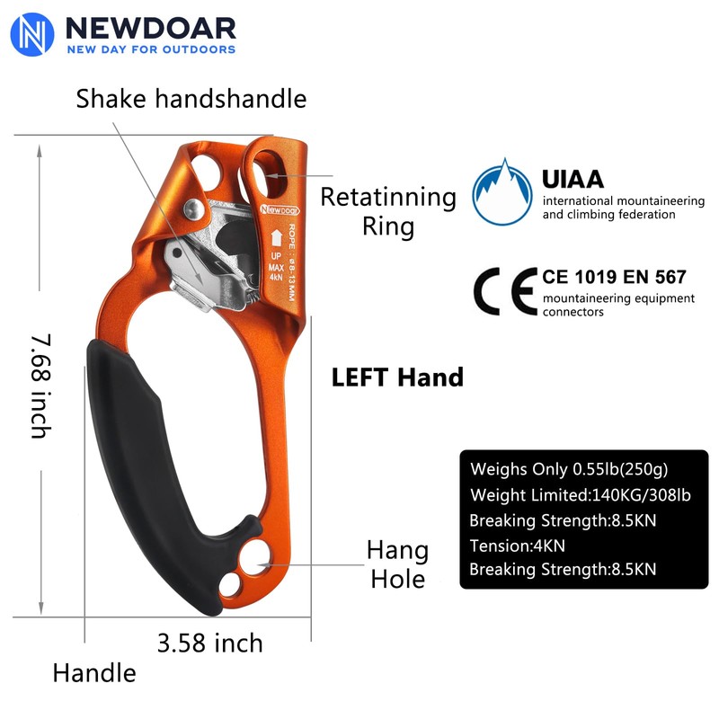 NewDoar Left&Right Hand Ascender Rock Climbing Tree Arborist Rappelling Gear