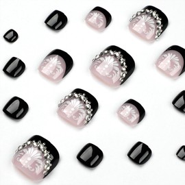 Black French Tip Press on Toenails Glitter Toe Nail Press ons Short Square Fake Toe Nails with Floral Rhinestones Designs Acrylic Glue on Toenails Summer Stick on Toenails for Women 24 Pcs