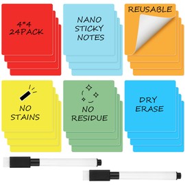 Crtiin 24 Pack Dry Erase Sticky Notes Reusable Whiteboard Stickers Washable Erasable Self Sticker with 2 Whiteboard Markers for School Office Labels Lists Reminder (Colorful, 3 x 3 Inch)