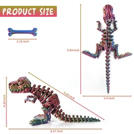 WQXWNFBA 3D Printed Dinosaur Bones,Articulated T-Rex Skeletons,3D Printed Dragon Fidget Toy Home Office Decor,Poseable T-Rex with Flexible Joints,Stress and Anxiety Relief Toy (Dazzling)