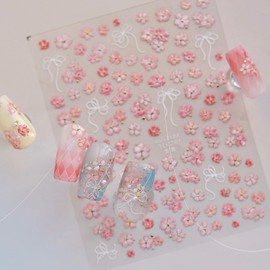 5D Embossed Pink Flower Nail Stickers Self-Adhesive Spring Summer Nail Art Stickers White Bow with Cherry Blossoms Gold Glitter Design Nail Art Supplies Floral Nail Decals for Women Acrylic Nails