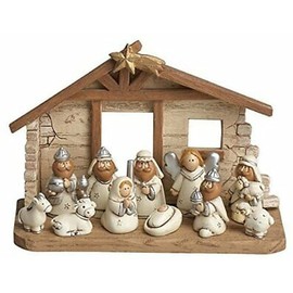 Miniature Nativity Scene with Creche, Set of 12 Rearrangeable Figures.