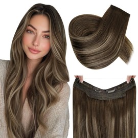 RUNATURE Wire Hair Extensions Real Human Hair, Balayage Brown Roots Human Hair Extensions for Women, Invisible Fish Line Extensions Soft Remy Hair, 16 Inch 80g #4/27/4