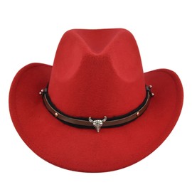 Women Men Classic Western Cowboy Hat Retro Vintage Rave Jazz Hat Autumn Winter Wide Brim Hat with Belt (A-Red, ONE Size)