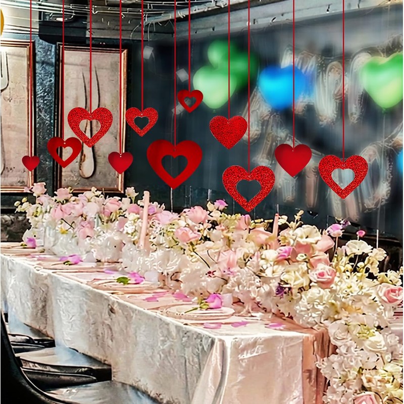40 Pcs Valentine's Day Decorations Glitter Red Heart Hanging Swirls
