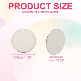 PATIKIL 32 Pcs Metal Stamping Blanks, 30mm Round Name Tags Stainless Steel Circle Blanks Label Flat Plate Disc with Hole for Laser Engraving Stamping Dog Tags Keychain Making, Silver Tone