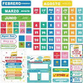 Spanish Classroom Calendar Pocket Chart for Kids Classroom Decor Set Chalkboard Calendar Bulletin Board Decorations Bilingual Educational Posters for Toddlers 1-3, Homeschool Materials(Lively Style)