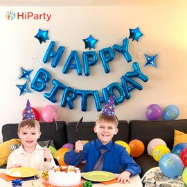 Blue Happy Birthday Balloons Banner - Mylar 3D Foil Letter Banners & 6pcs Star Balloons, 3-in-1 Birthday Party Decorations for Kids & Adults