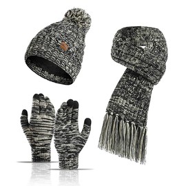 3PCS Winter Warm Hat Scarf Gloves Set for Women Men Knit Fleece Touchscreen Gloves Beanie Hat Ski Cap