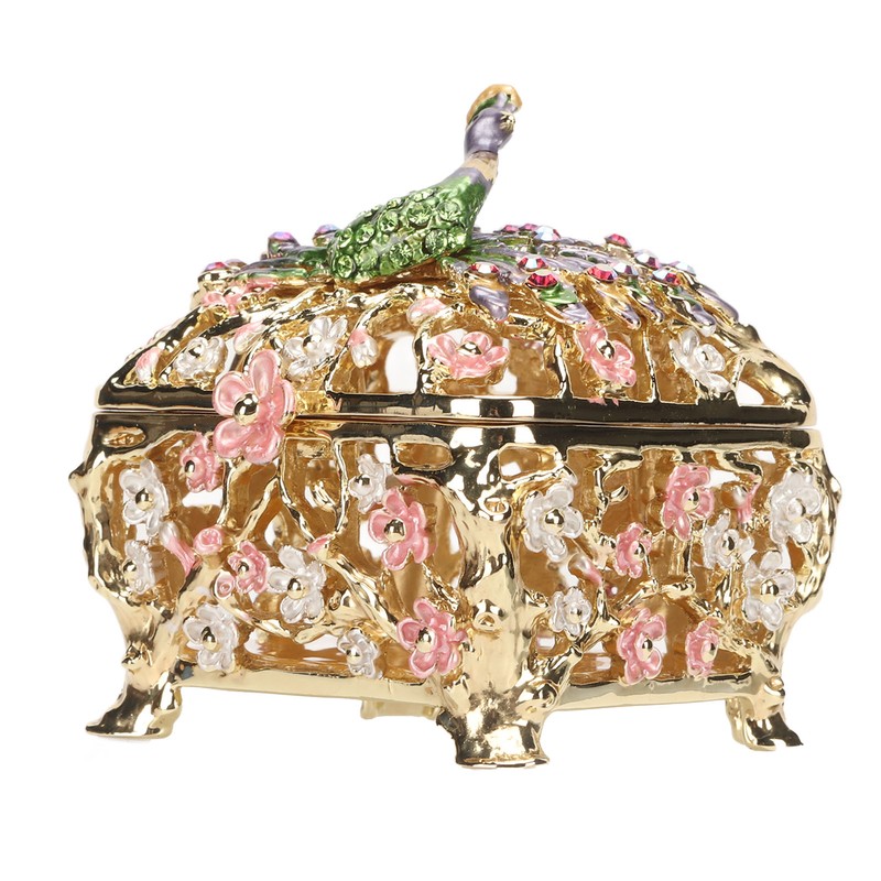 Peacock Trinket Boxes Hand Painted Finish Exquisite Beautiful Rhinestones Hinged