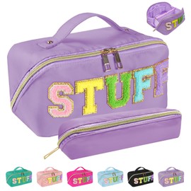 Huifen 2pcs Stoney Clover Makeup Bag, Preppy Stuff Cosmetic Bag Travel Toiletry Bag Chenille Letter Stuff Make Up Bag Cute Makeup Pouch Birthday Graduation Gifts for Women Girls Friends (Purple)