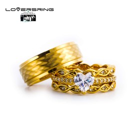 LOVERSRING - Juego de 3 anillos de pareja para mujer, chapado en oro amarillo de 14 quilates, anillo de titanio para hombre y mujer, Piedra Cristal, Ágata