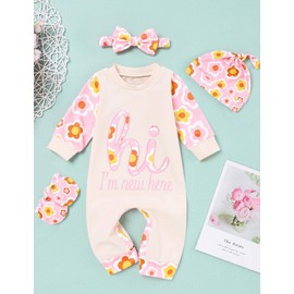 RCPATERN born Baby Girl Clothes Letter Print Romper Jumpsuits 4Pcs Clothing Set Cute Infant Outfit born Infant Girls Apricot