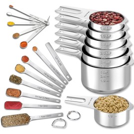 Stainless Steel Measuring Cups & Spoons Set of 20 - Includes 7 Nesting Cups, 7 Narrow & 5 Mini Measuring Spoons with Leveler Fits Spice Jars, Engraved Markings for Dry & Liquid Ingredients