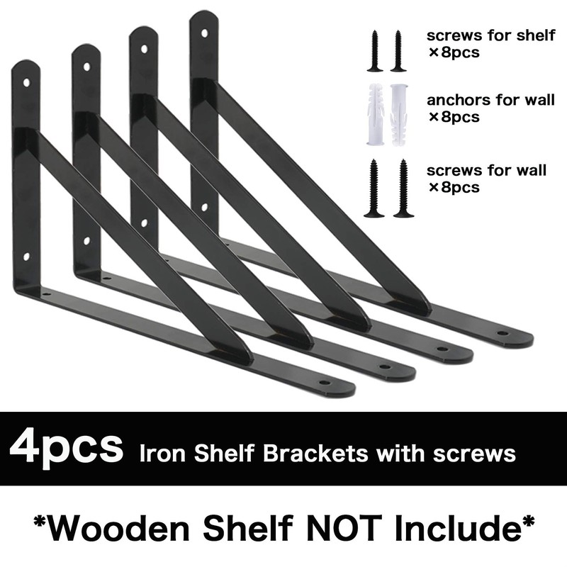 EZYDECOR Wall Mounted Shelf Brackets 4pcs 10 Inch Black Triangle