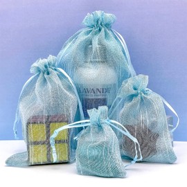 TheDisplayGuys - 24-Pack Striped Weave Organza Gift Bags w/Drawstrings - Small 3x4 - Light Blue - for Party Favors, Samples,Treats