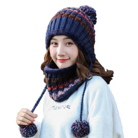 Bobble Hat And Loop Scarf Set For Women Girls Warm Knitted Pom Hat Interior Thick Fluff Winter Warm Ladies Bobble Hat Loop Scarf Set