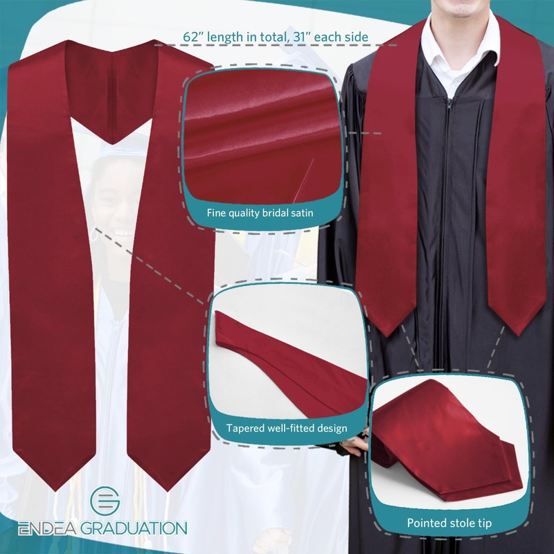 Endea Maroon Graduation Stole - Plain Color, Unisex, 62" Graduation