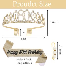 POPOYU 80th Birthday Crown and Sash, Crown 80th Birthday Women, 80th Birthday Tiara, Gold, Crown 80th, 80th Birthday Girl Headwear for Birthday Gift, Party Supplies