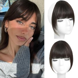 MYMYDA Clip in Bangs 100% Real Human Hair Extensions Clip on Wispy Bangs for Women Fringe with Temples Hairpieces Natural Black